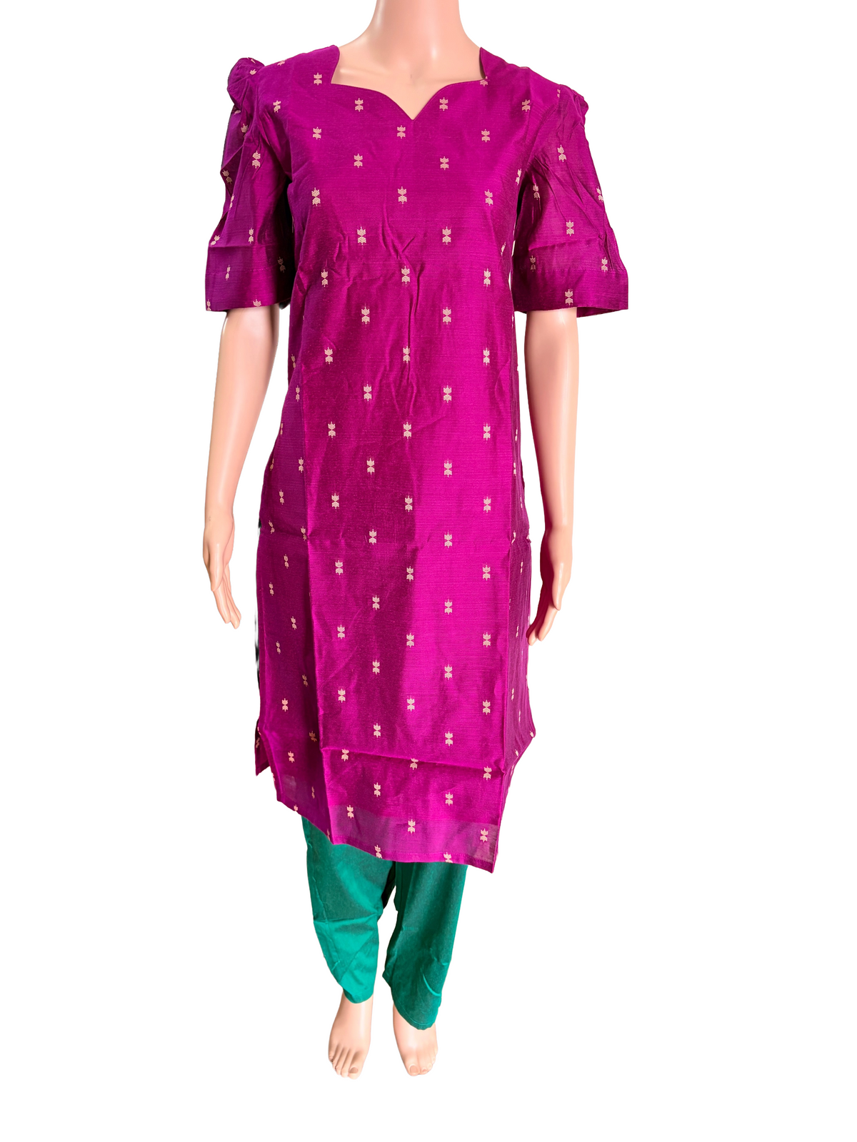 Women kurti with pant and dupatta | Straight cut Majenta with green (Neck pattern 2) l silkcotton