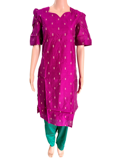 Women kurti with pant and dupatta | Straight cut Majenta with green (Neck pattern 2) l silkcotton