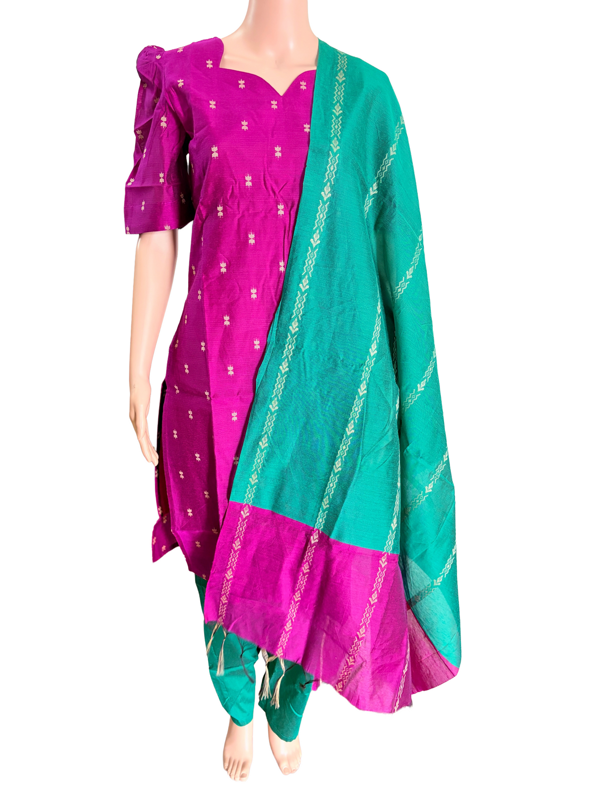 Women kurti with pant and dupatta | Straight cut Majenta with green (Neck pattern 2) l silkcotton