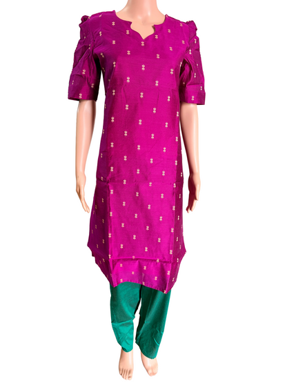Women kurti with pant and dupatta | Straight cut Majenta with green (Neck pattern 4) l silkcotton (Copy)