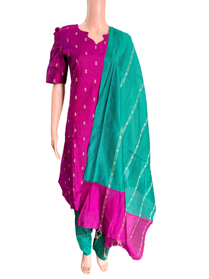 Women kurti with pant and dupatta | Straight cut Majenta with green (Neck pattern 4) l silkcotton (Copy)