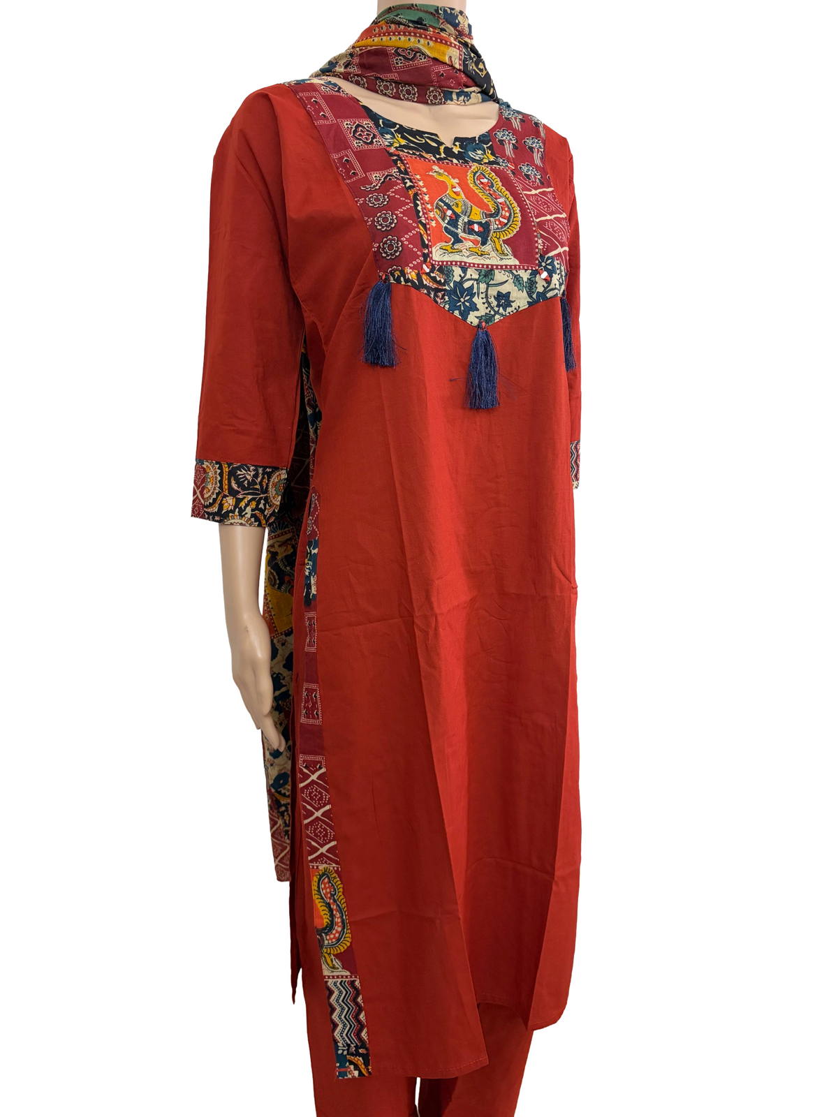 Women mirror and patch work kurti with palazzo pant and dupatta | Brick Orange color 3 piece sets | Dabuset