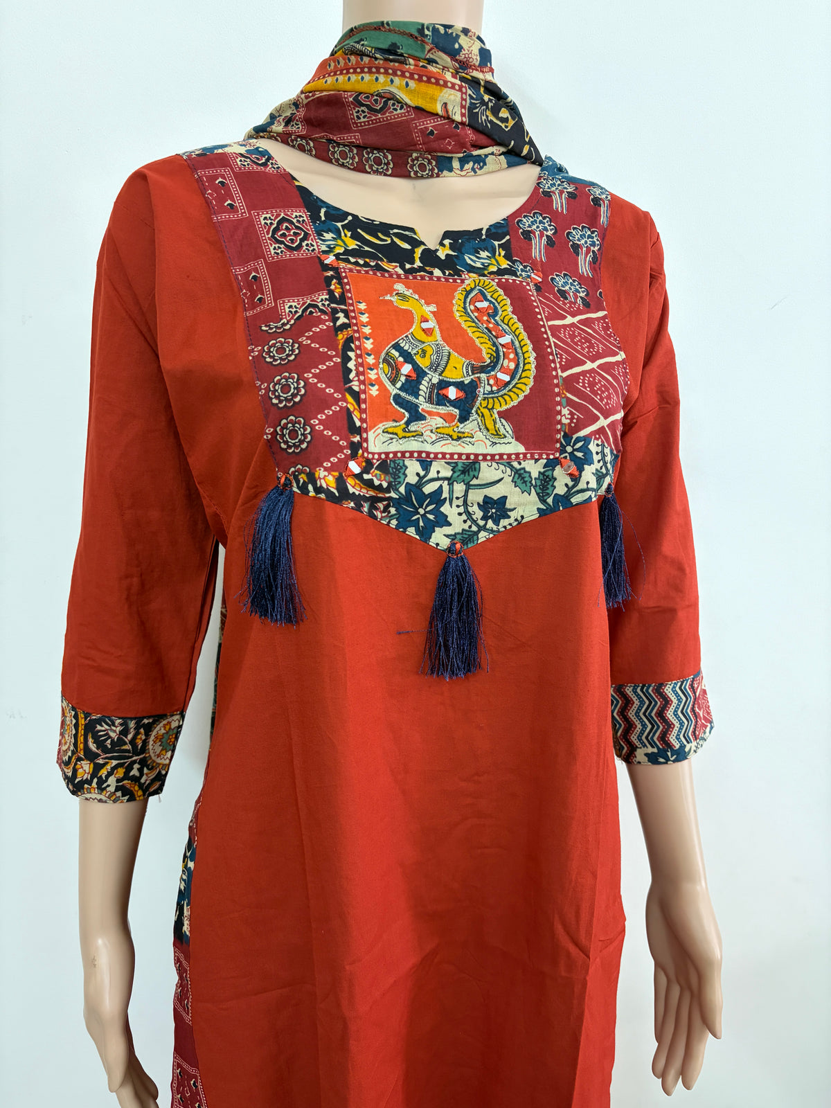 Women mirror and patch work kurti with palazzo pant and dupatta | Brick Orange color 3 piece sets | Dabuset