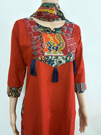 Women mirror and patch work kurti with palazzo pant and dupatta | Brick Orange color 3 piece sets | Dabuset