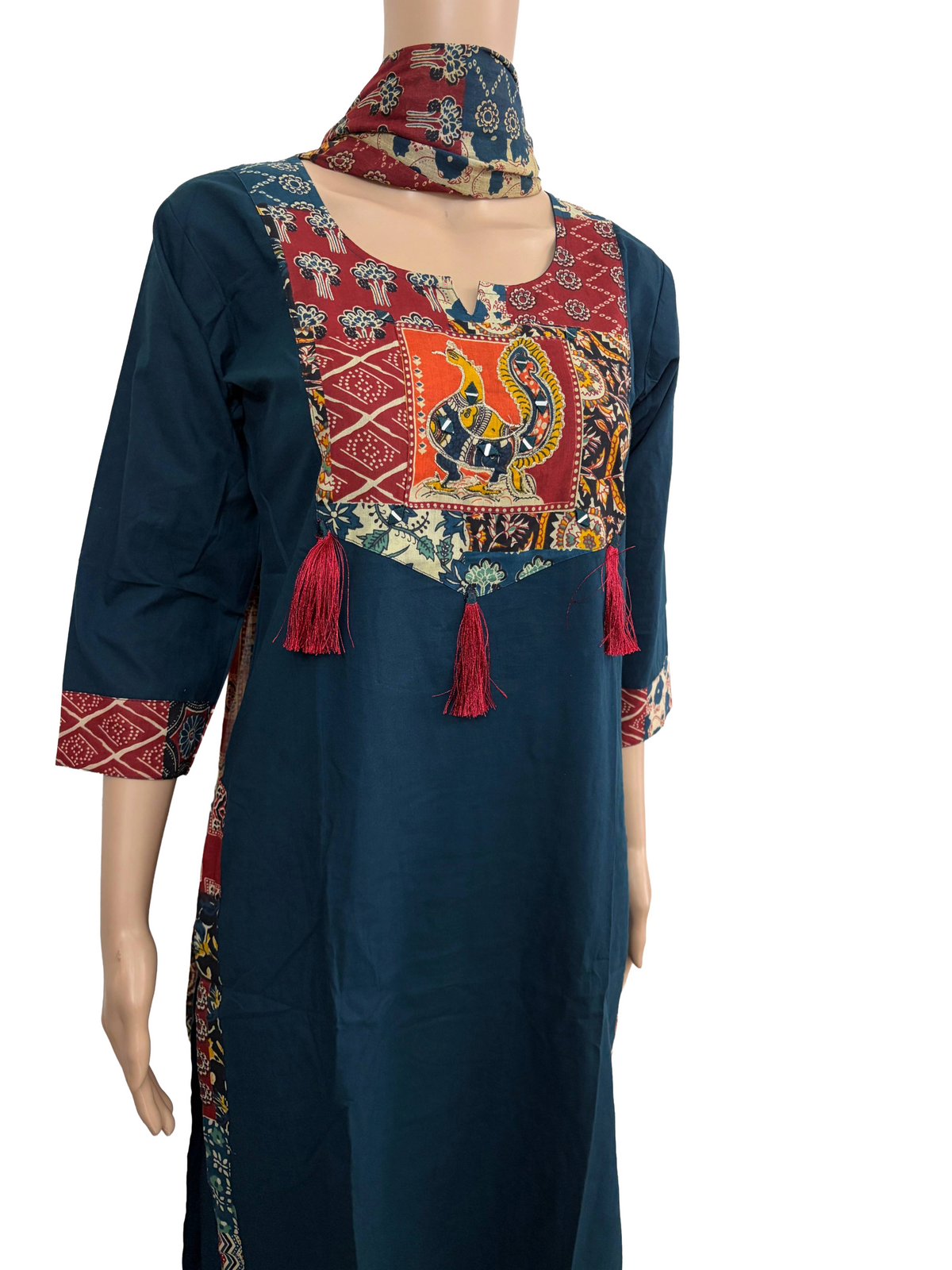 Women mirror and patch work kurti with palazzo pant and dupatta | Peacock Blue color 3 piece sets | Dabuset