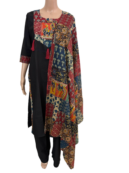 Women mirror and patch work kurti with palazzo pant and dupatta | Black color 3 piece sets | Dabuset