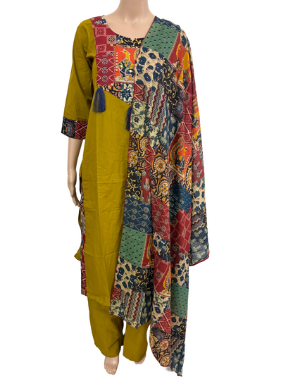 Women mirror and patch work kurti with palazzo pant and dupatta | Mustard color 3 piece sets | Dabuset