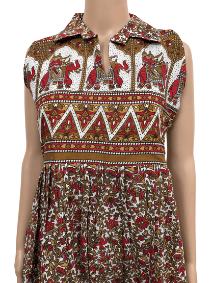 Women sleeveless Frock with full lining (sleeves inside) | Elephant Ajrakh Prints in red and light brown colors