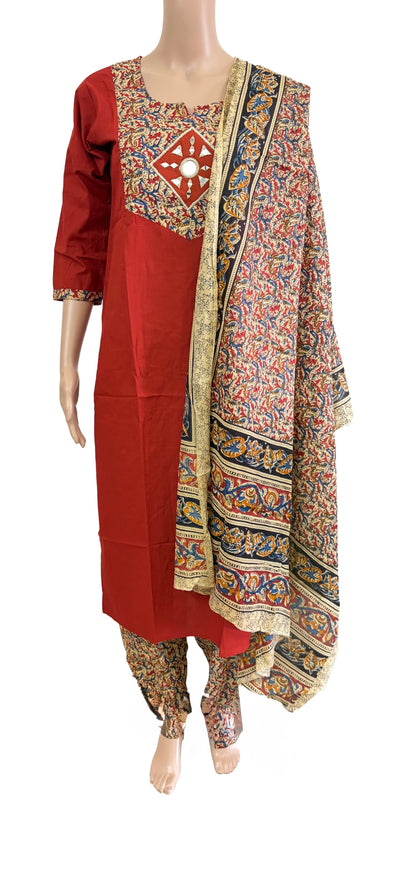 Women kurti with pant and dupatta | Brick Orange(Rust) kalamkaari sets | Dabuset