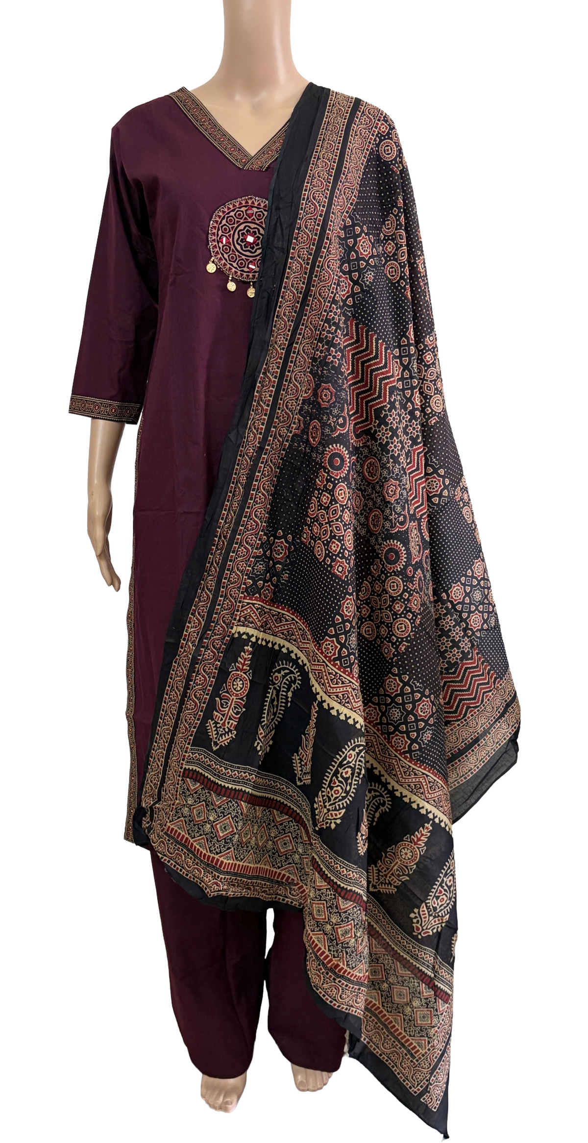 Women kurti with pant and dupatta | Wine V neck sets | Dabuset