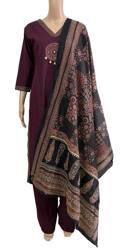Women kurti with pant and dupatta | Wine V neck sets | Dabuset