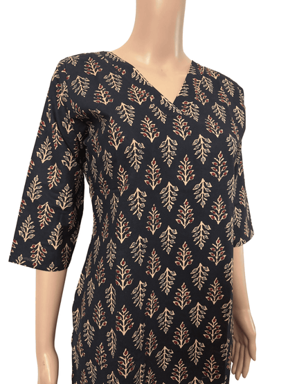Women Co-Ord kurti with pant (Top with lining) | Black Leafy Print