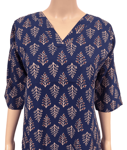 Women Co-Ord kurti with pant (Top with lining) | Navy Blue Leafy Print