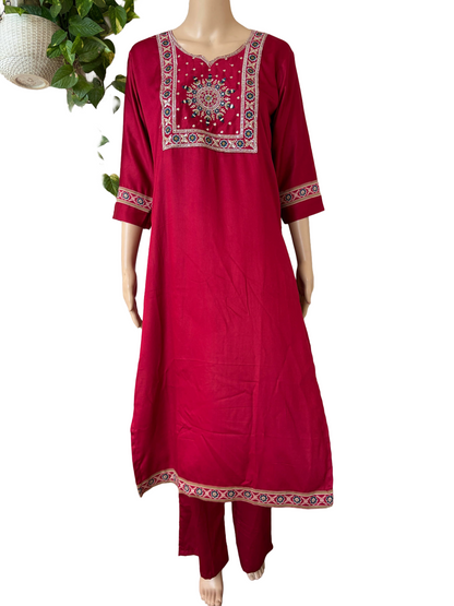 Women kurti with pant and dupatta | Reddish maroon with embroidery in Gajji Silk
