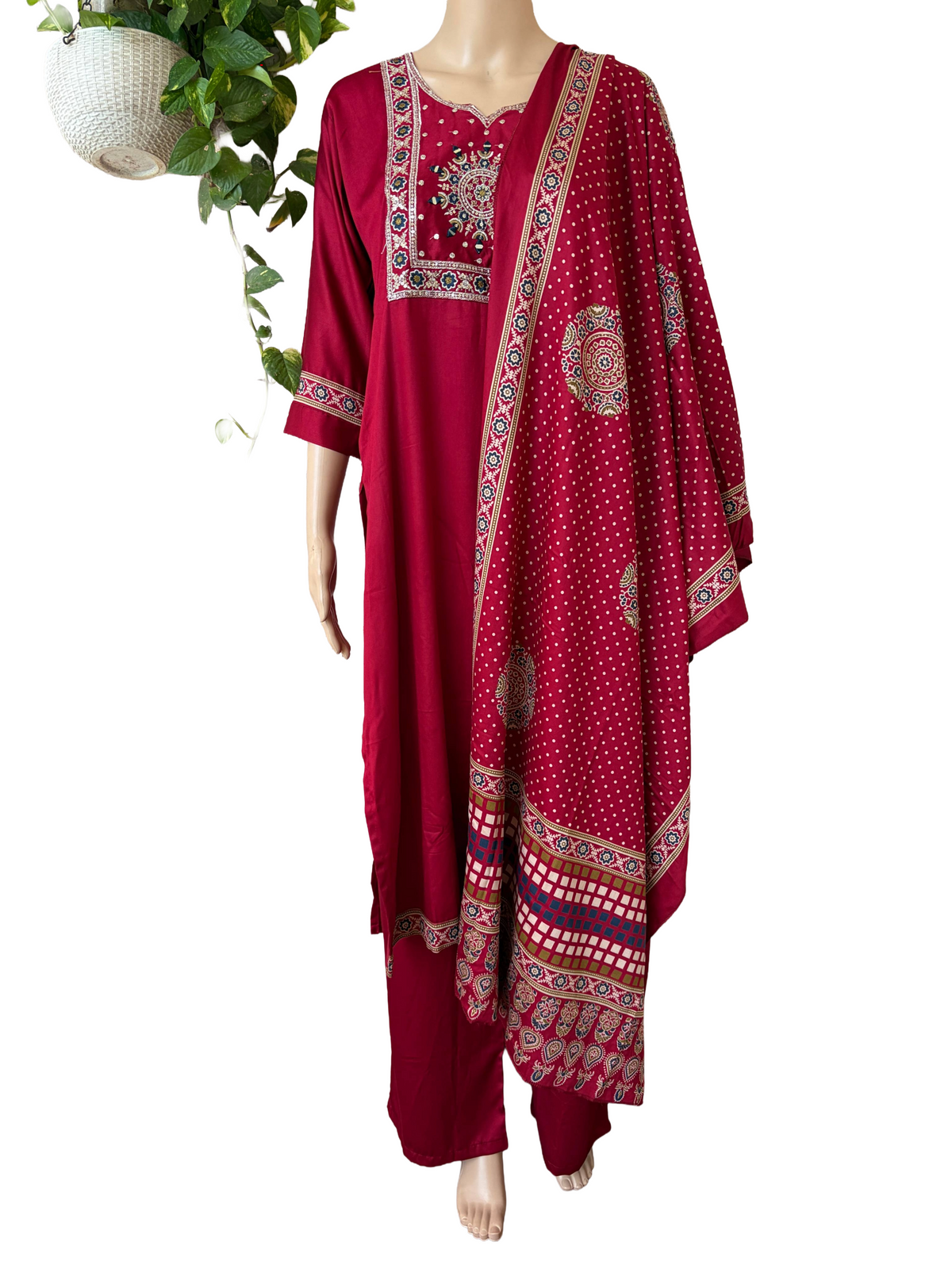 Women kurti with pant and dupatta | Reddish maroon with embroidery in Gajji Silk
