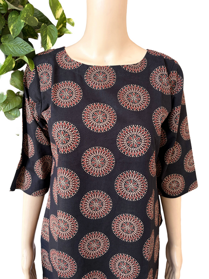 Women Co-Ord kurti with pant (Top with lining) | Ajrakh circle print black sets