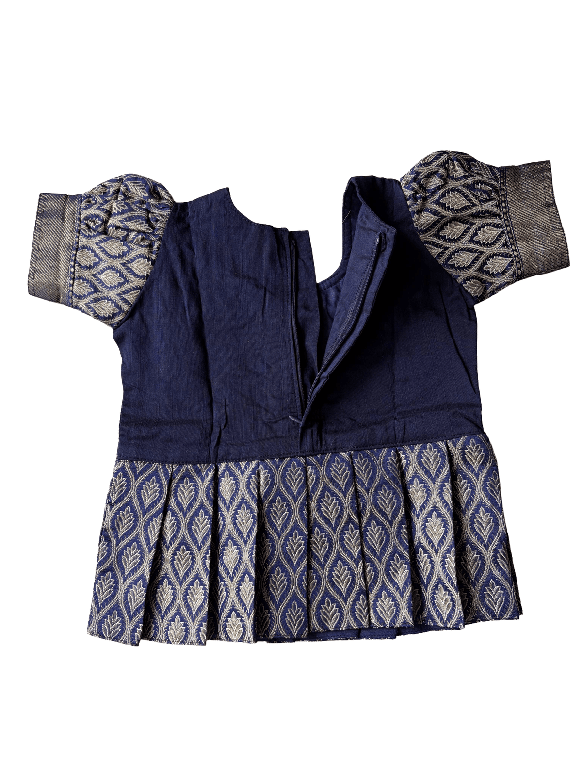 Girls Ethnic Banarasi silk slub Frock | Navy Blue with peter pan collar