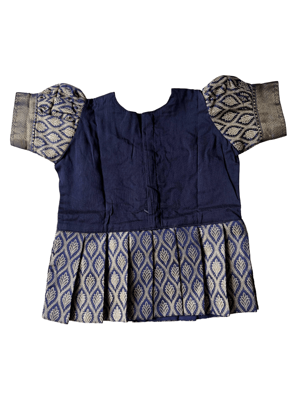 Girls Ethnic Banarasi silk slub Frock | Navy Blue with peter pan collar