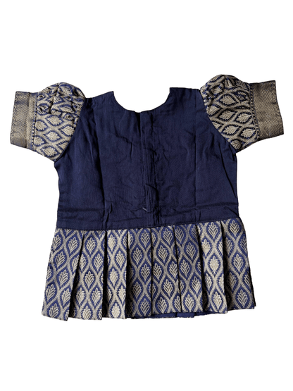 Girls Ethnic Banarasi silk slub Frock | Navy Blue with peter pan collar