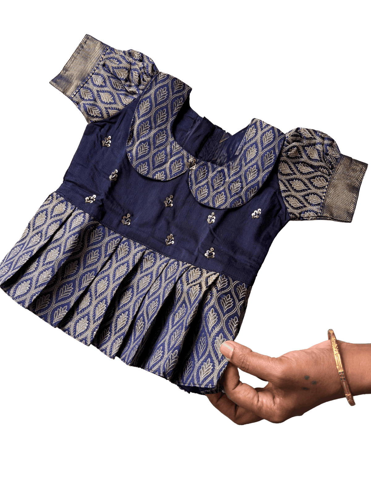 Girls Ethnic Banarasi silk slub Frock | Navy Blue with peter pan collar