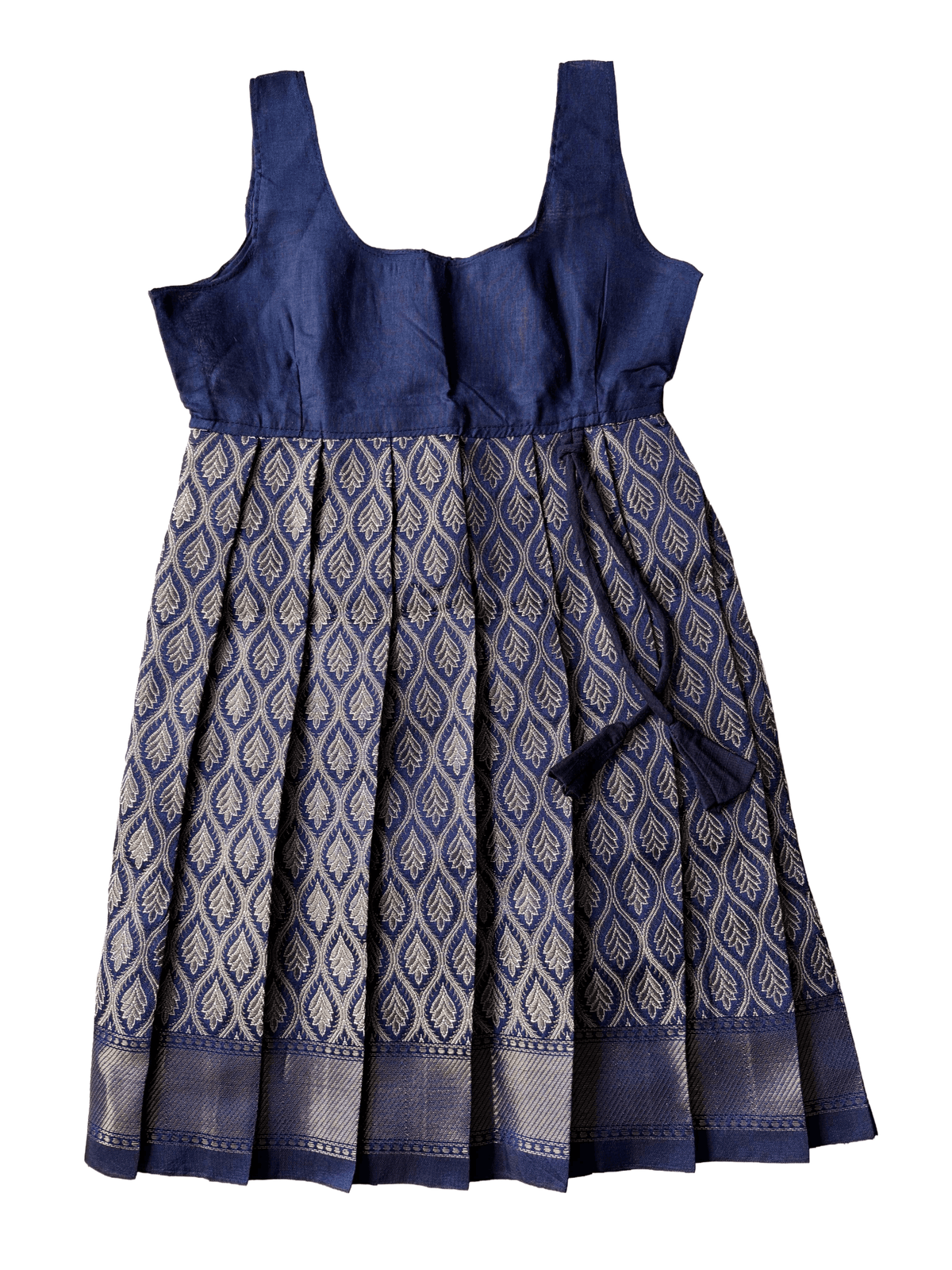 Girls Ethnic Banarasi silk slub Frock | Navy Blue with peter pan collar