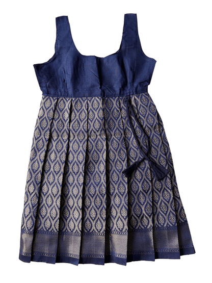 Girls Ethnic Banarasi silk slub Frock | Navy Blue with peter pan collar