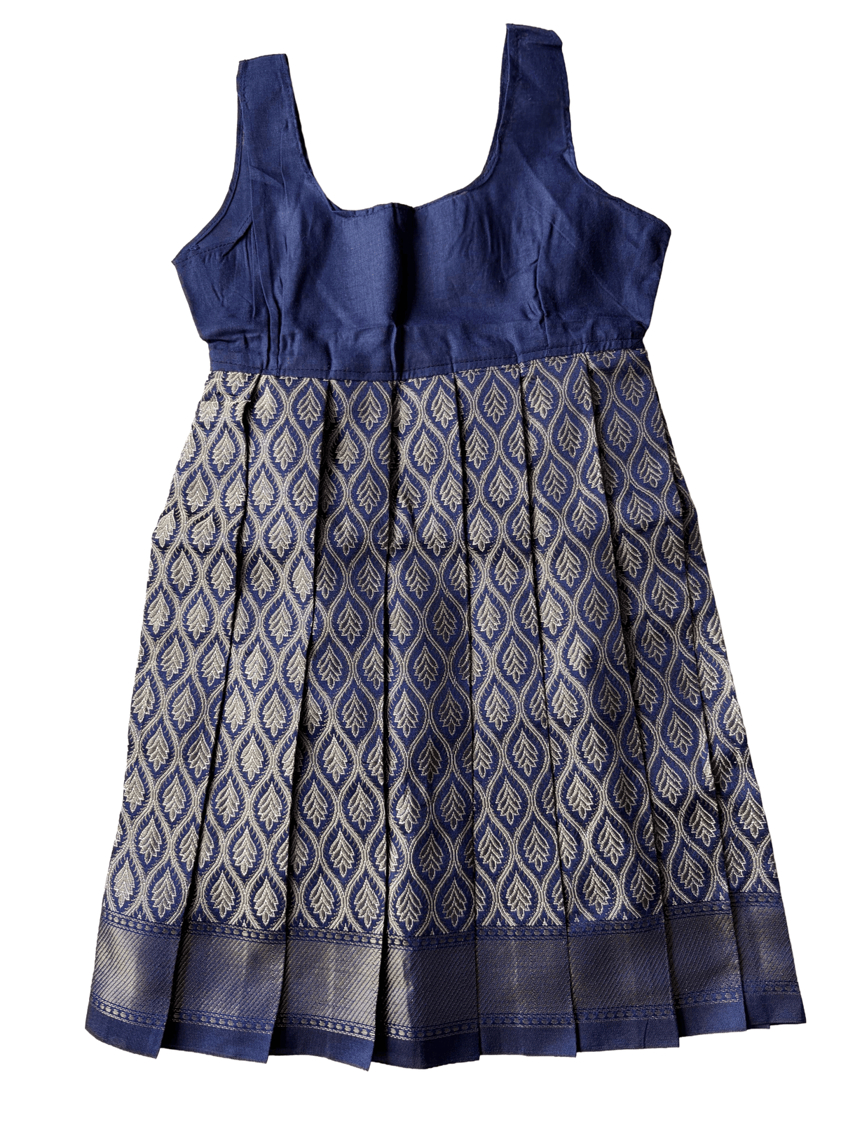 Girls Ethnic Banarasi silk slub Frock | Navy Blue with peter pan collar