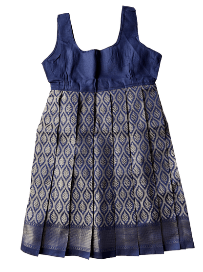 Girls Ethnic Banarasi silk slub Frock | Navy Blue with peter pan collar