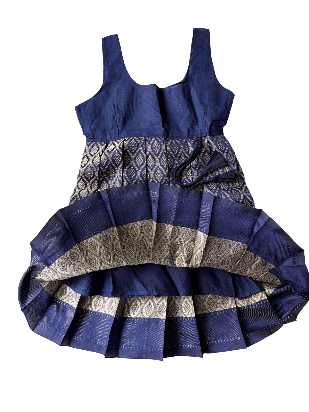 Girls Ethnic Banarasi silk slub Frock | Navy Blue with peter pan collar