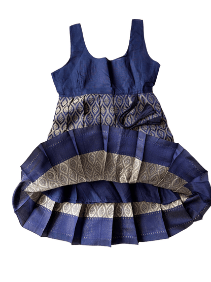 Girls Ethnic Banarasi silk slub Frock | Navy Blue with peter pan collar