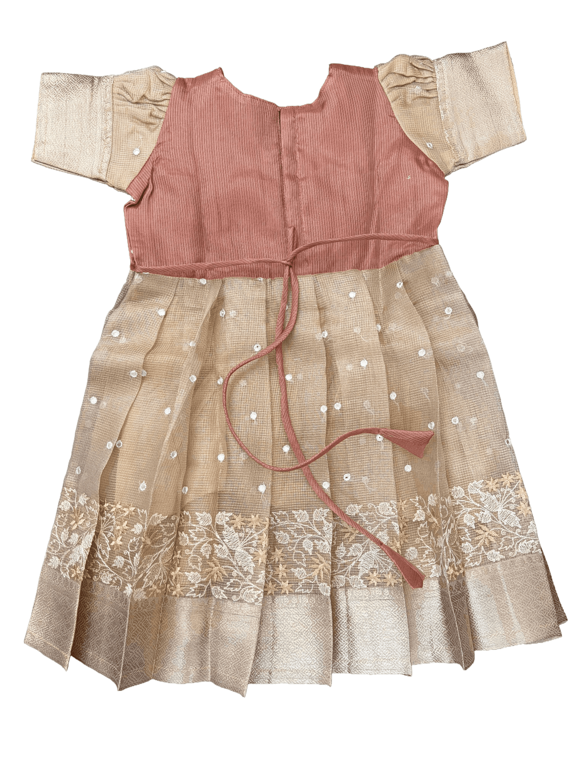 Girls Ethnic Kota Silk Frock | Golden Checks with light brownish mirror work