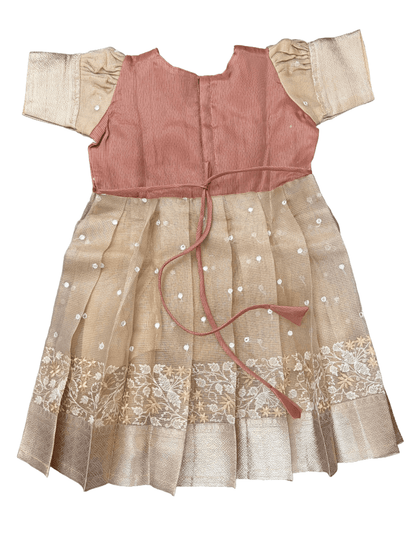 Girls Ethnic Kota Silk Frock | Golden Checks with light brownish mirror work