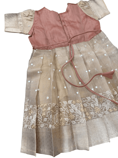 Girls Ethnic Kota Silk Frock | Golden Checks with light brownish mirror work