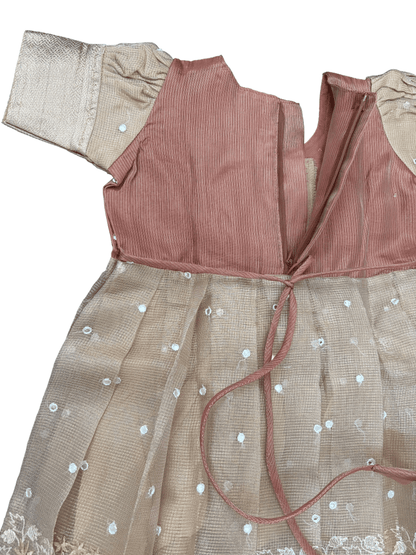 Girls Ethnic Kota Silk Frock | Golden Checks with light brownish mirror work