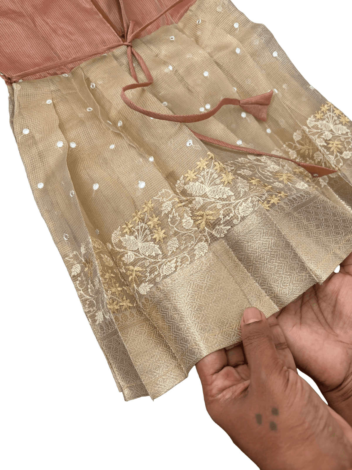 Girls Ethnic Kota Silk Frock | Golden Checks with light brownish mirror work