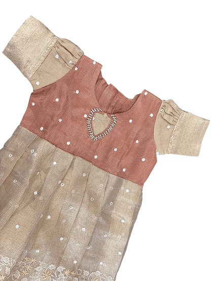 Girls Ethnic Kota Silk Frock | Golden Checks with light brownish mirror work