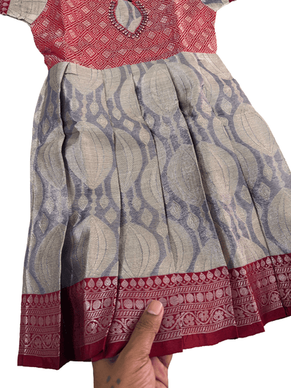 Girls Ethnic Kanchi silk type Frock | Red Maroon with light purple