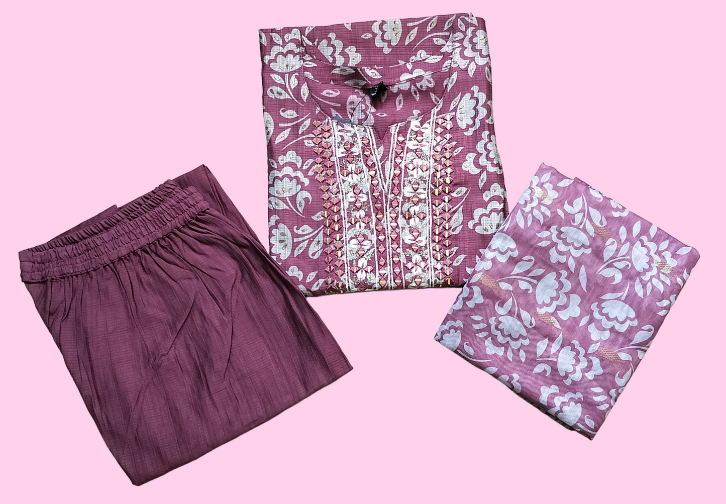 Women kurti with pant and dupatta | Straight cut | Dark onion silk mix set