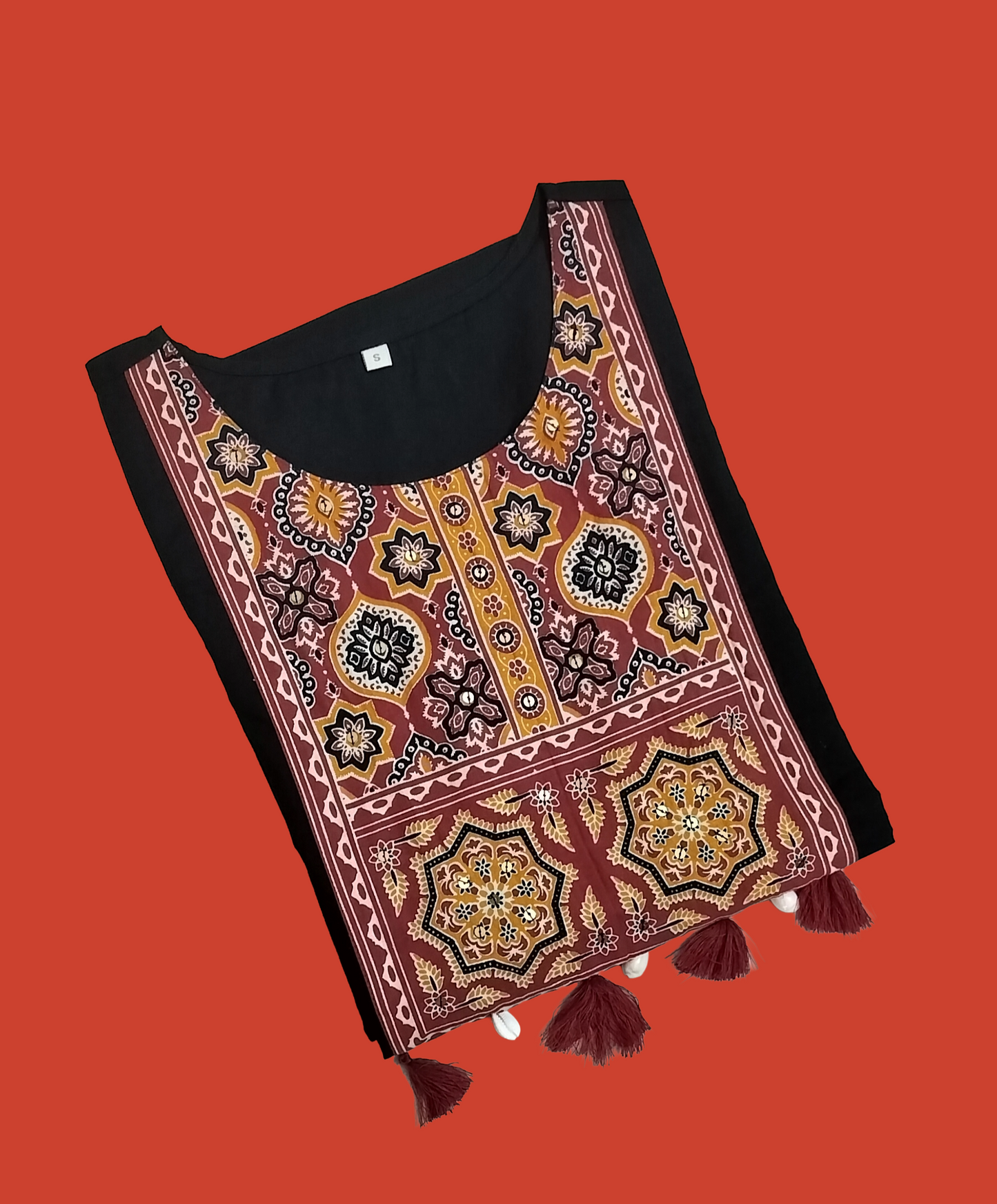 Women Kurti | Black with Kalamkaari star print in yoke | Only kurti