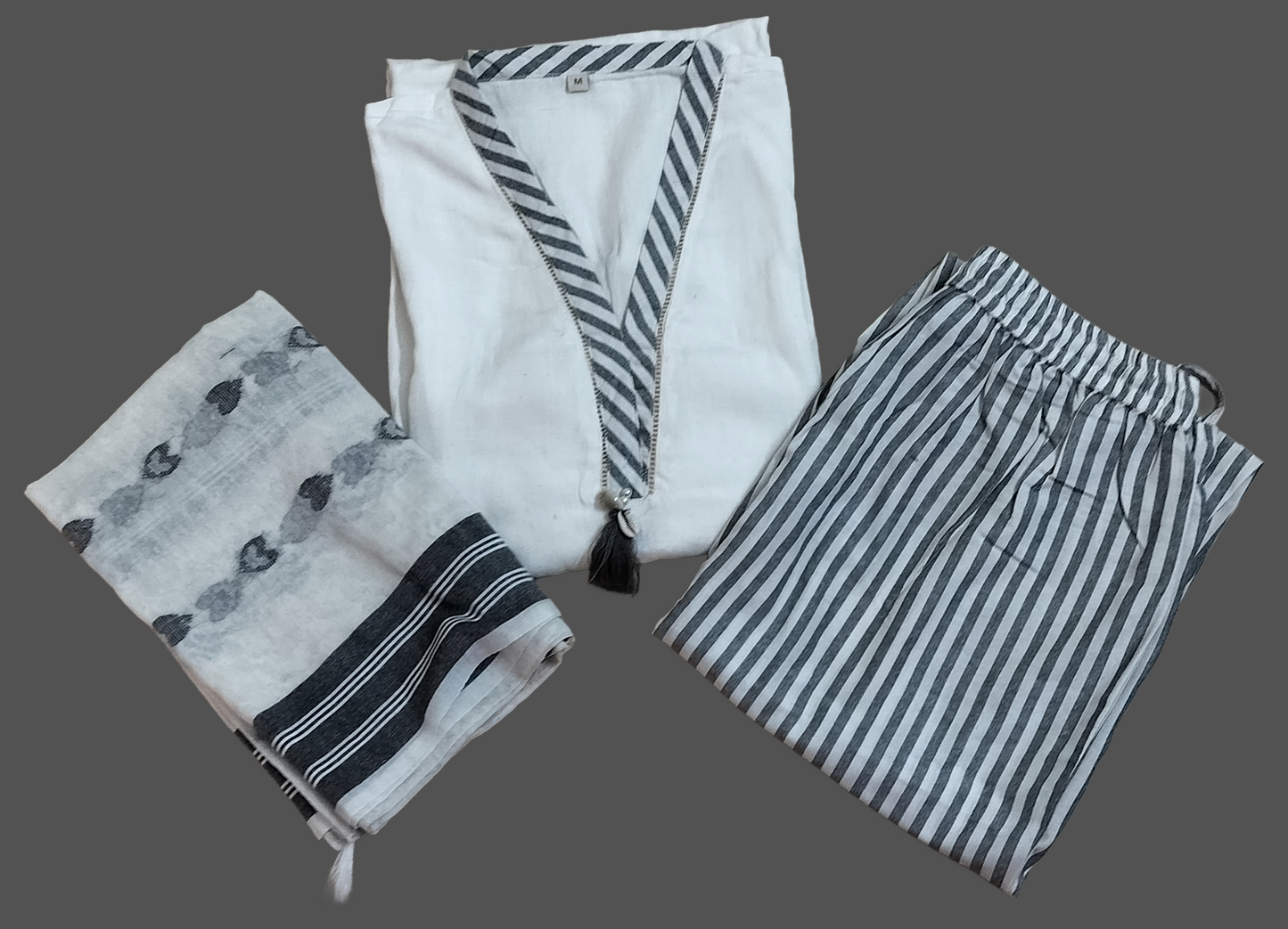Women kurti with pant and dupatta | Straight cut | Half white Y neck with striped pants