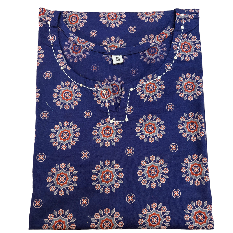 Women's Cotton Short Kurti | Ink blue Ajrakh