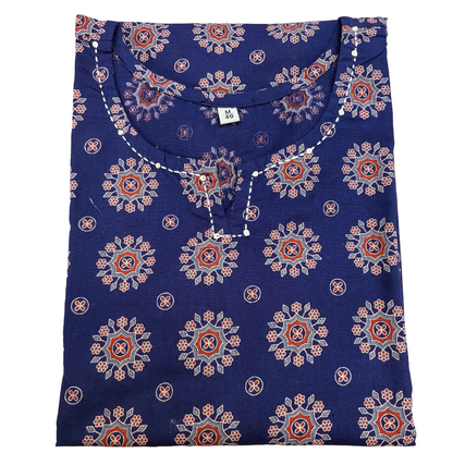 Women's Cotton Short Kurti | Ink blue Ajrakh
