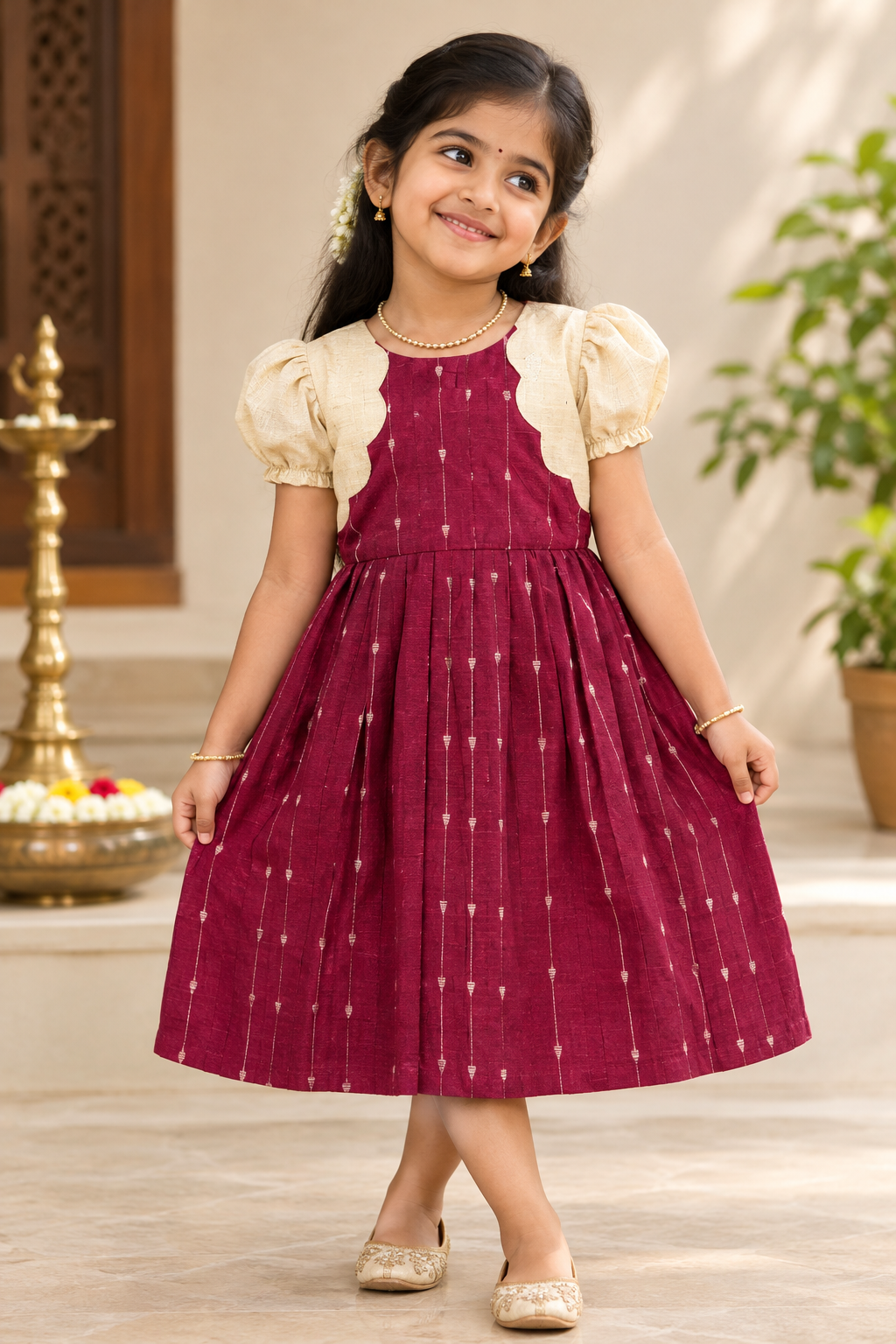 Girls Ethnic Rawsilk Frock | Maroon with muted gold finish