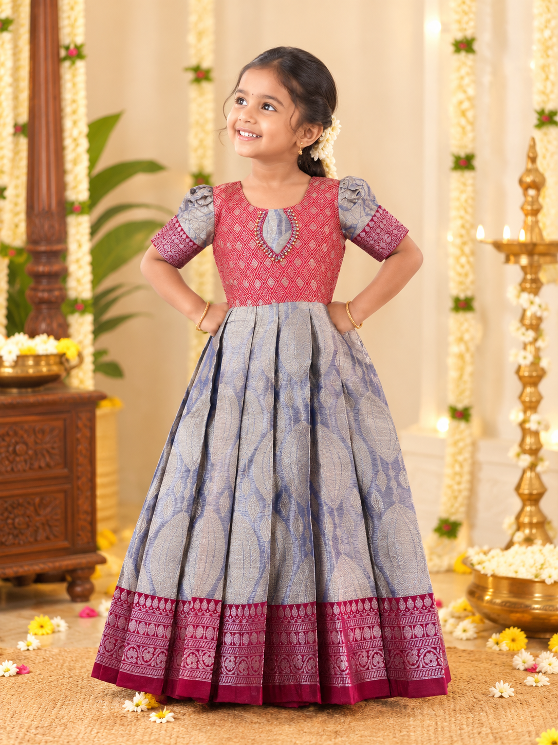 Girls Ethnic Kanchi silk type Frock | Red Maroon with light purple