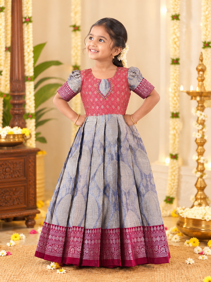 Girls Ethnic Kanchi silk type Frock | Red Maroon with light purple