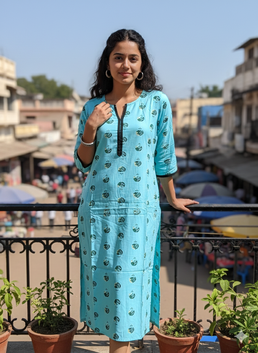 Women Kurti | LIVA certified | Straight cut | Light Sky blue color with bottle green | only Kurti