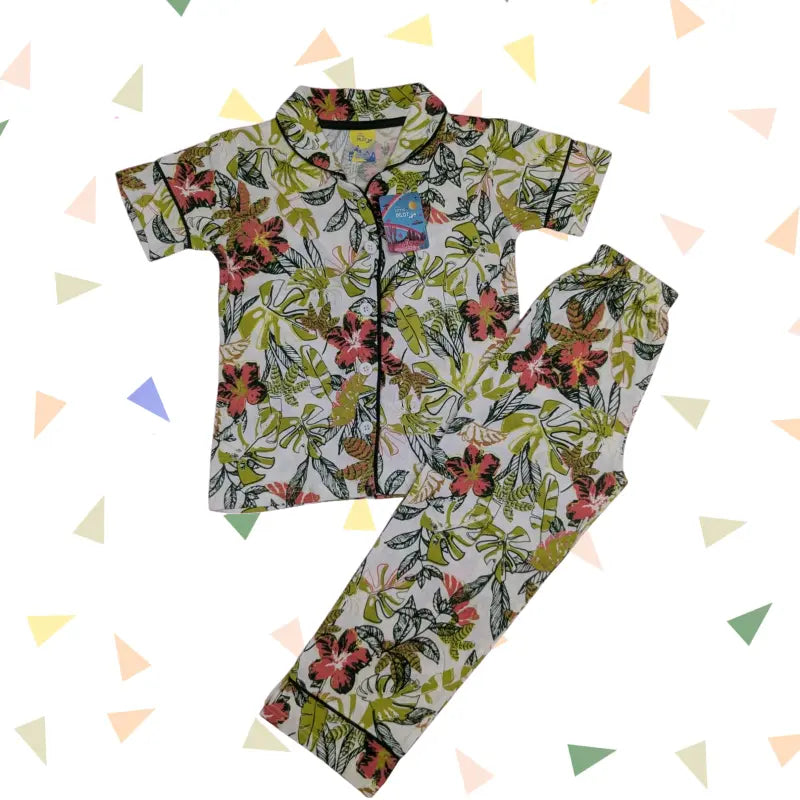 Kids Night Pant Set | Leaves in off white