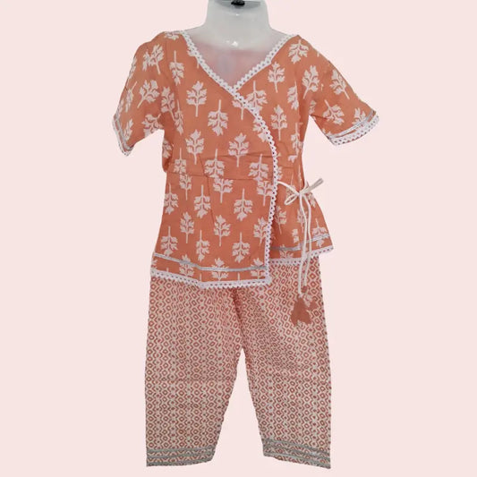 Girls Angrakha Sets| Light Brown Leafy