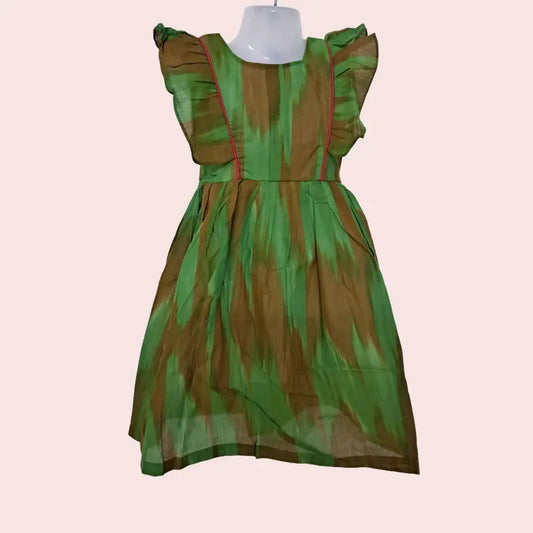 Cotton Ikkat Frocks | Light green with mustard and maroon piping