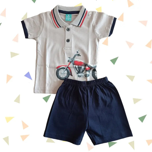 Kids collar T-shirt with shorts sets| Light Grey Bike print
